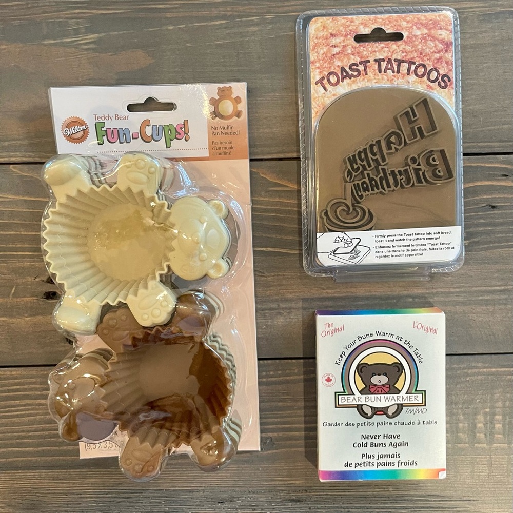 NWT! Wilton cupcake liners, bun warmer &  toast tattoo. Baking & Happy Birthday